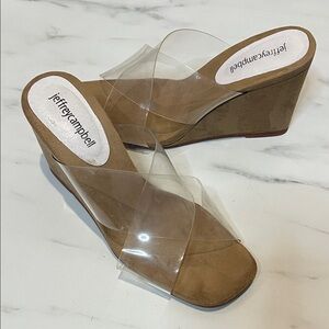 Jeffrey Campbell Clear and Tan Wedge Sandals